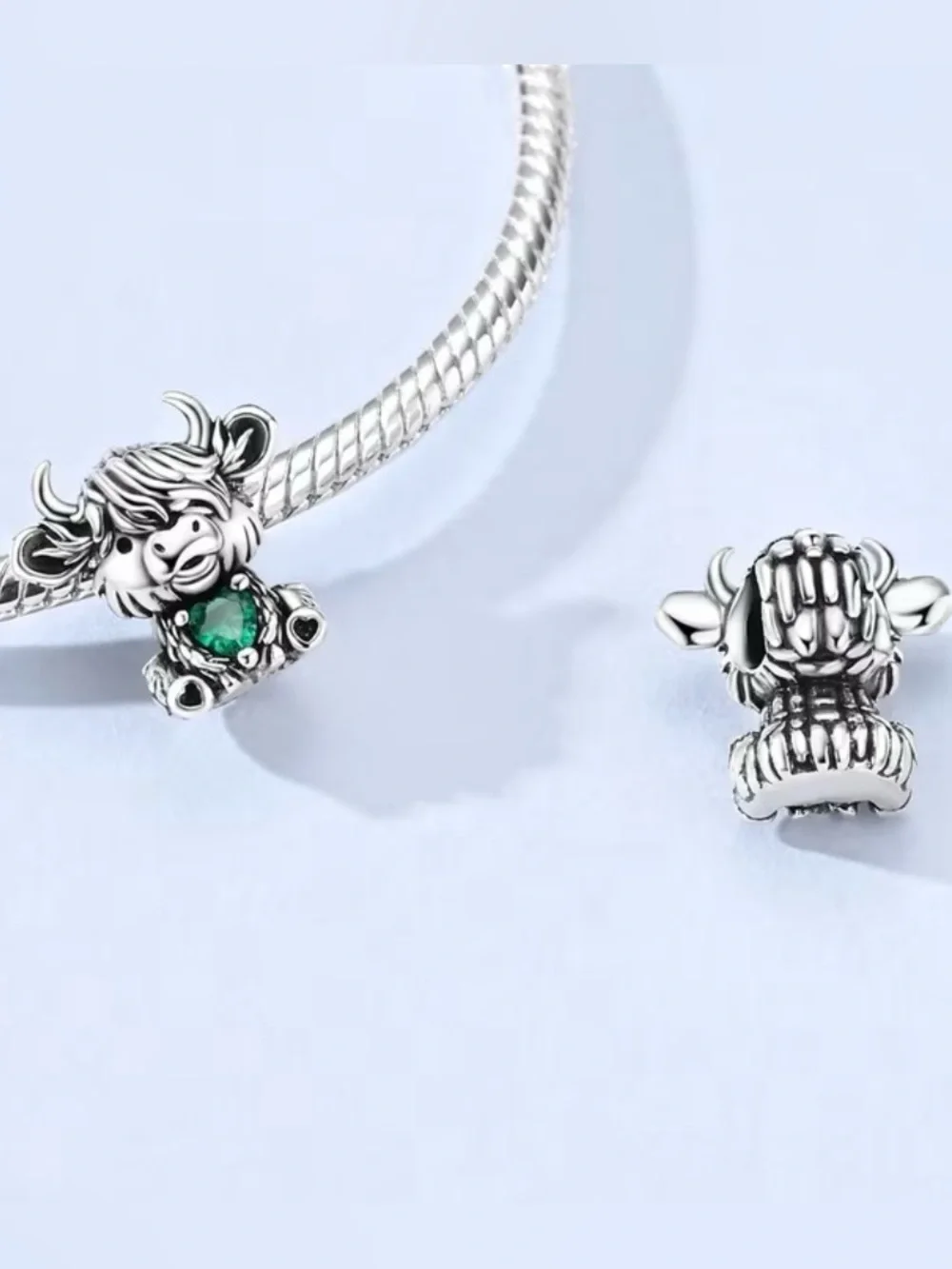 🐮💚 Highland Cow Charm Green Heart 925 Sterling Silver Style Farmhouse Cute Bead